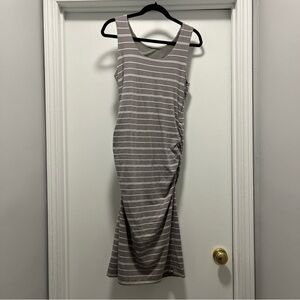 Athleta Comeback Bodycon Side Ruched Midi Tank Dress M Grey White Striped